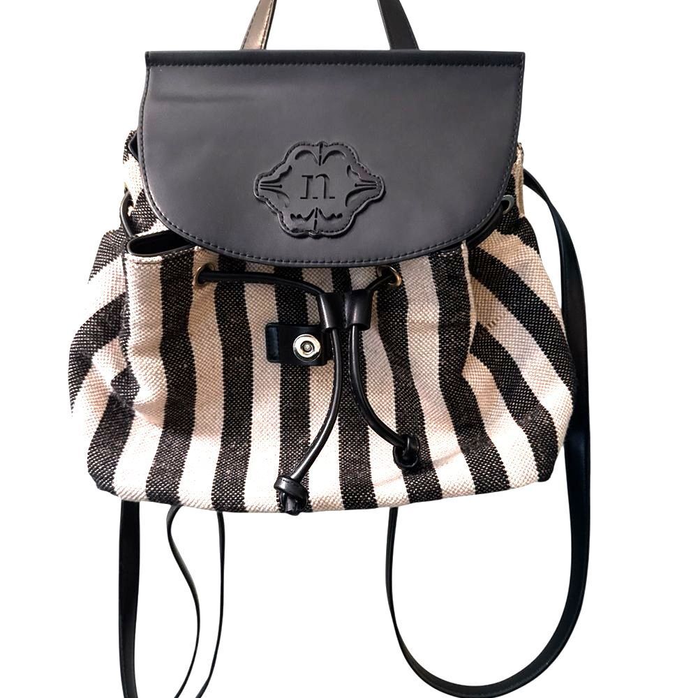 Nanette Lepore Striped Mini Backpack Canvas Faux Leather Drawstring Boho Bag